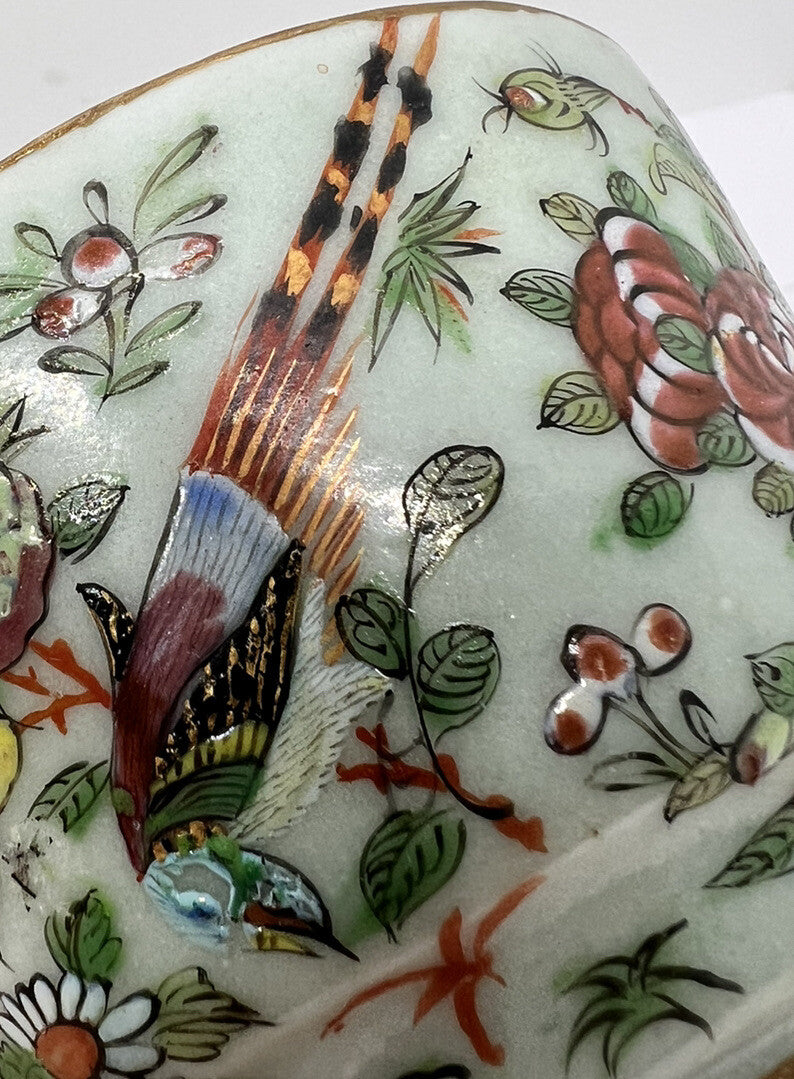 19C Chinese Celadon Famille Rose Pheasant Fruit Flower Butterfly ￼Tea Cup Canton