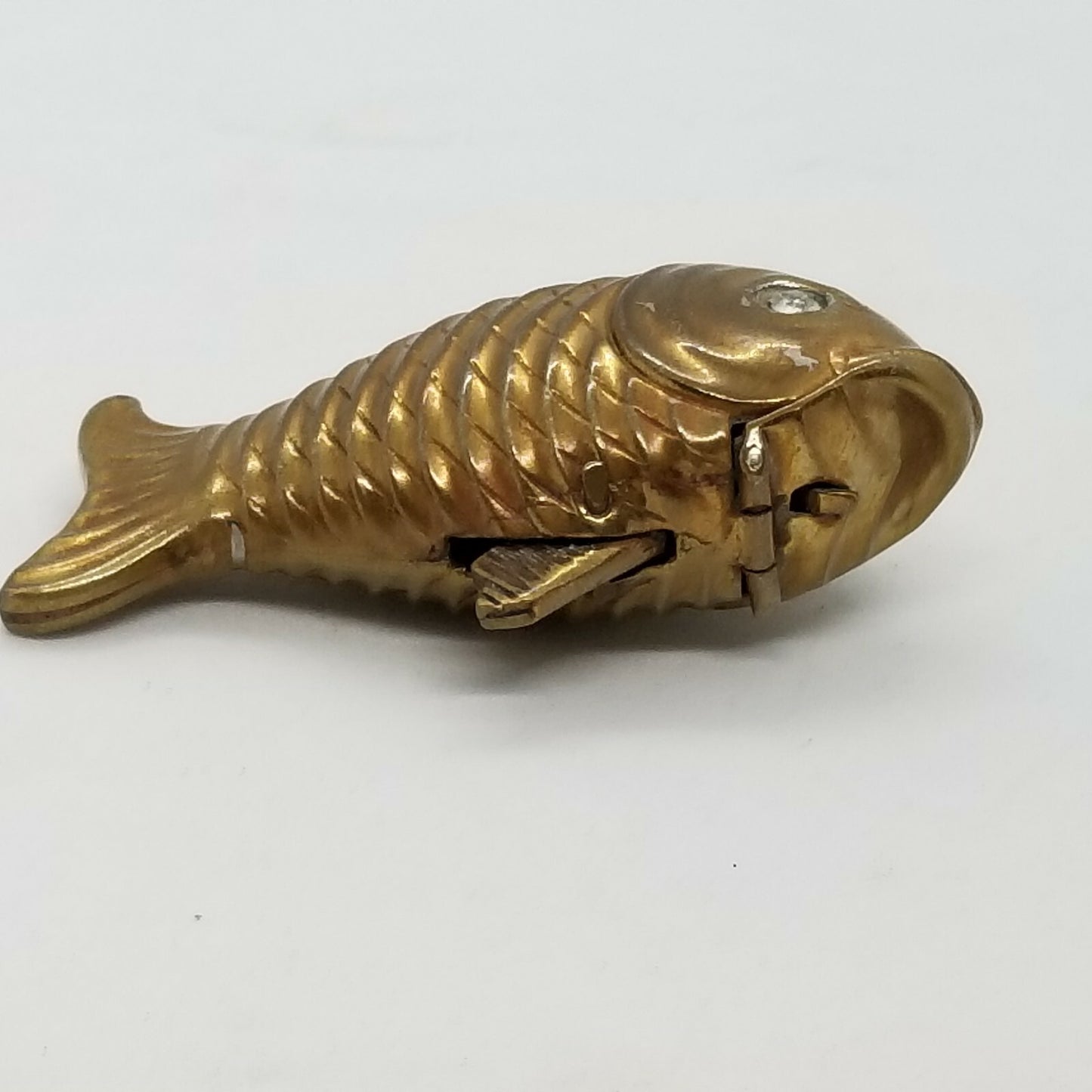 Antique Brass Figural Fish Match Safe Vesta Case Glass Eyes Mechanical