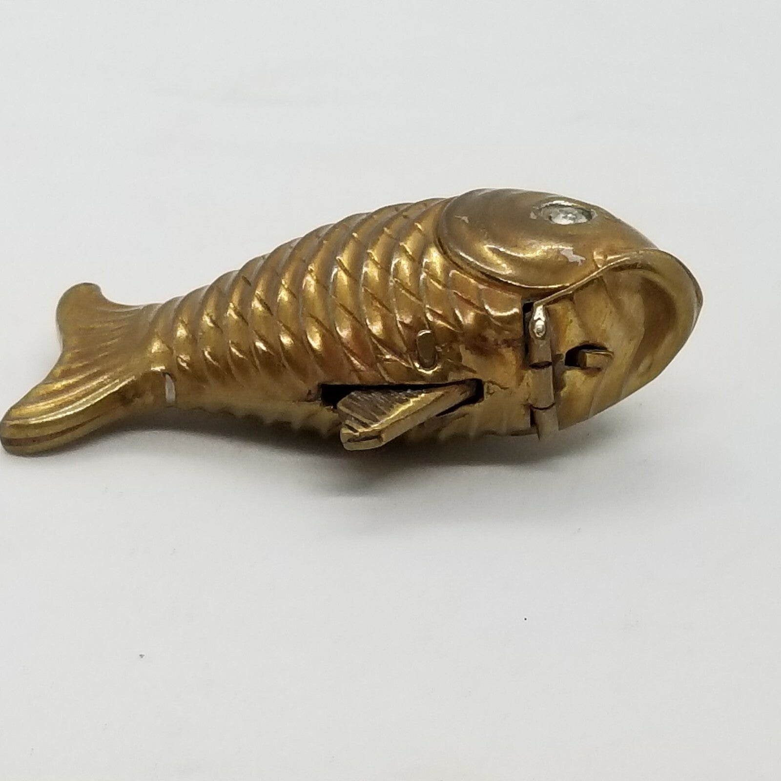 Antique Brass Figural Fish Match Safe Vesta Case Glass Eyes Mechanical