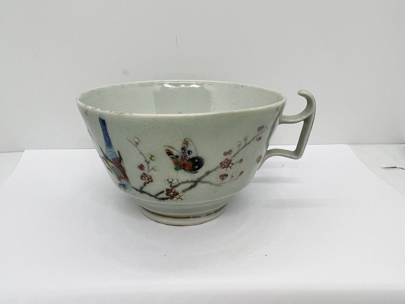 19C Lg Chinese Celadon Famille Rose Cherry Blossom Brd Butterfly ￼Tea Cup Canton