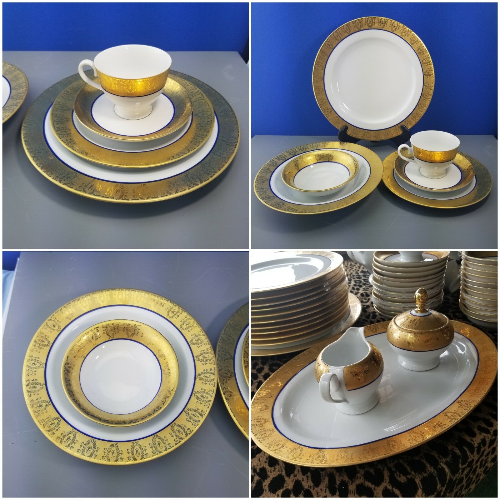 81pc Set Gold Encrusted Cobalt Blue & White Soup Tureen Serving Platters Teapot