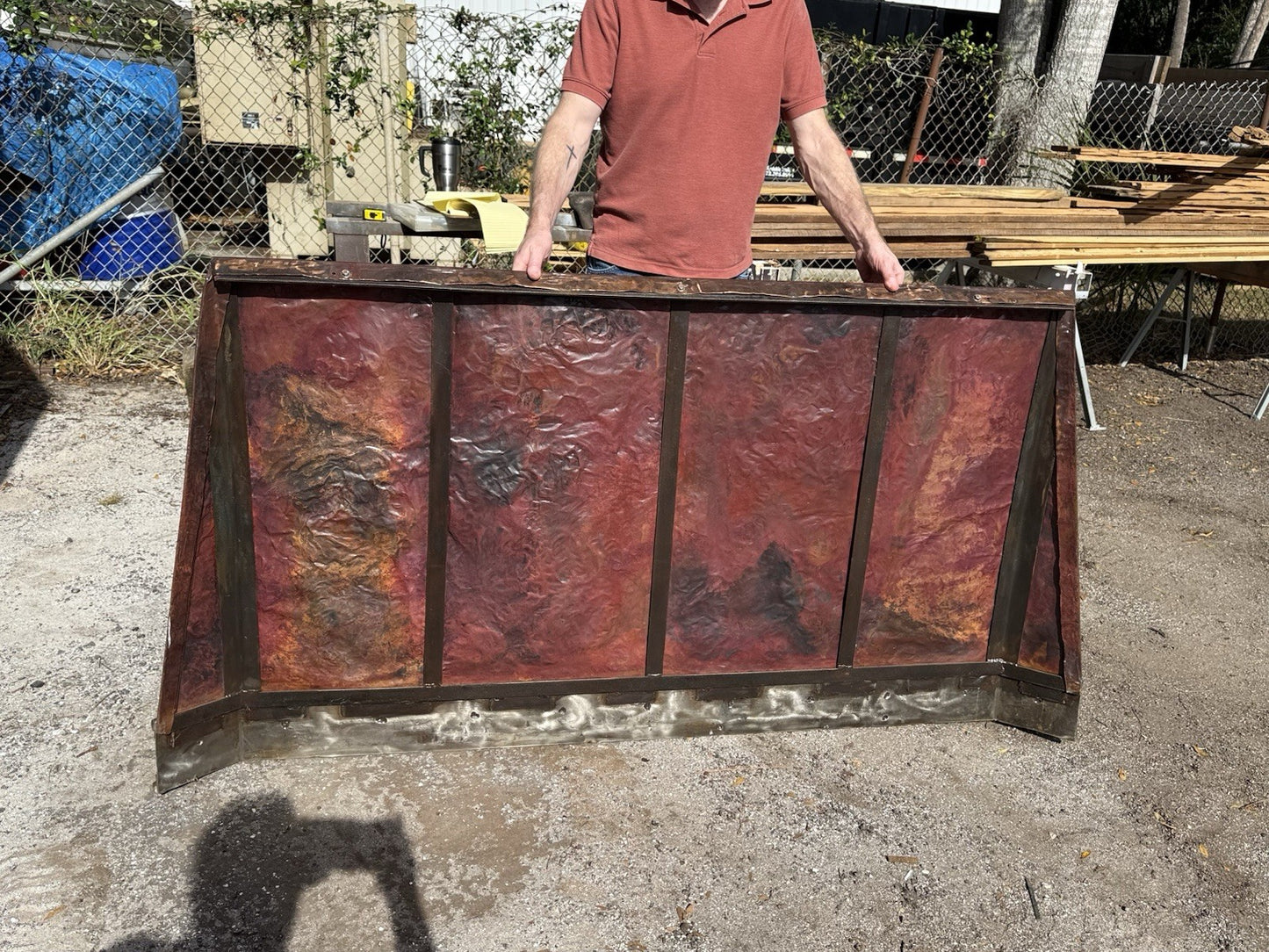 76” Handmade W.R. Nager Ornate Hearth, Doorway or Range Hood Patinated Copper