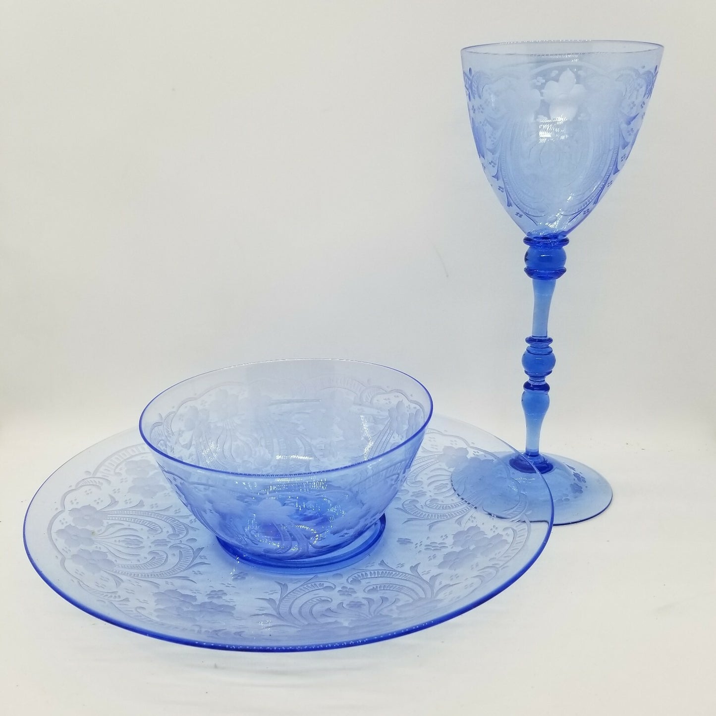 23pc 1920's Italian Salviati Murano Blue Etch Crystal Dessert  8, 3pc Place Set