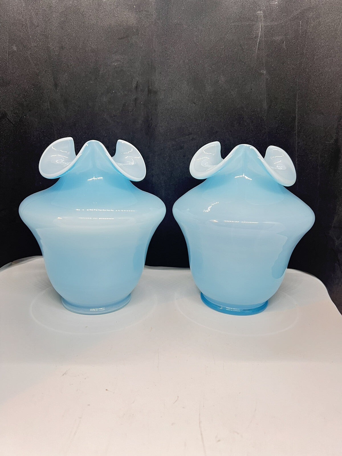 2 - 1940’s Fenton Blue Overlay Tri-Crimp Vases Great Mantle /Centerpiece Vases