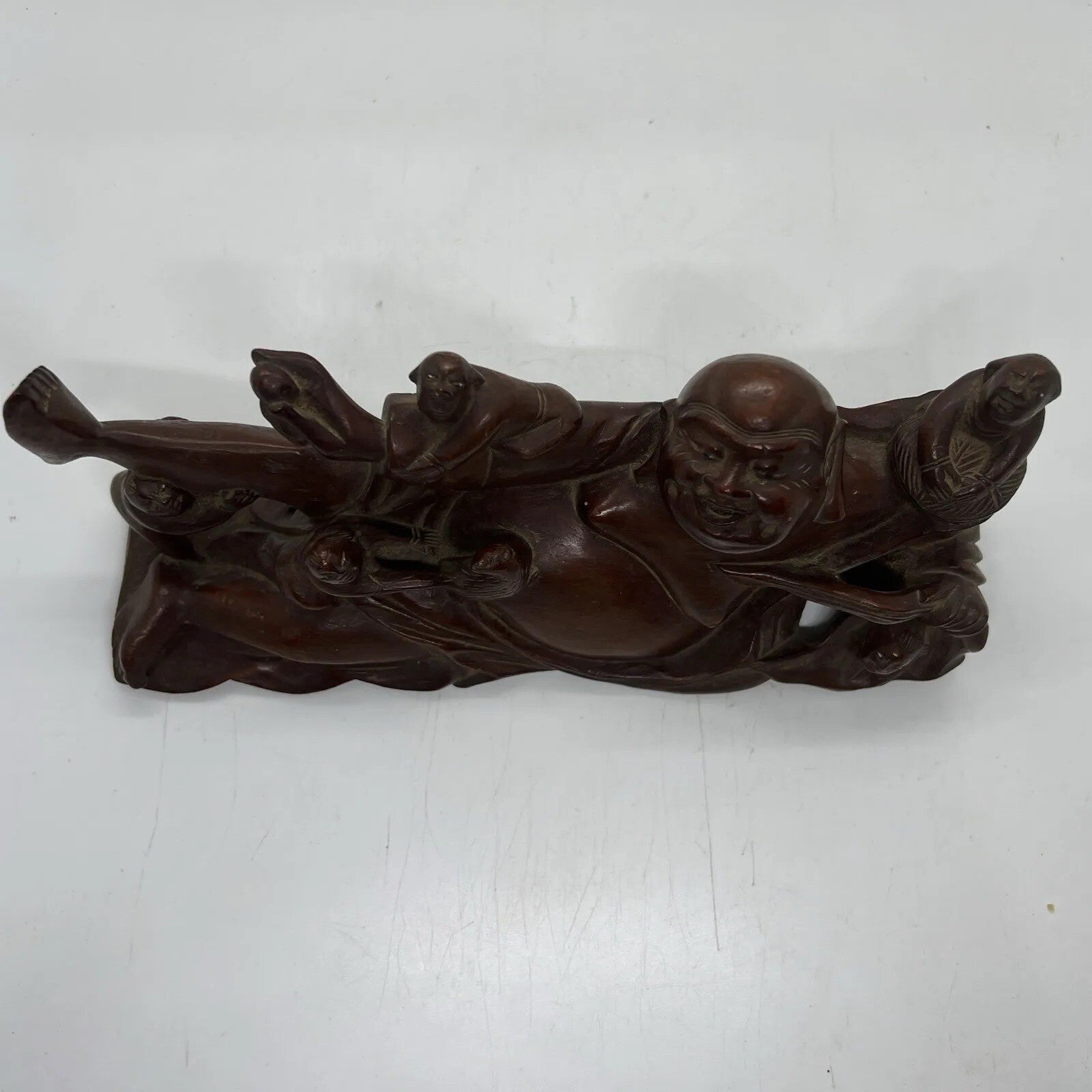 Antique Chinese Carved Boxwood Reclining Hotei Happy Buddha Wood No Base