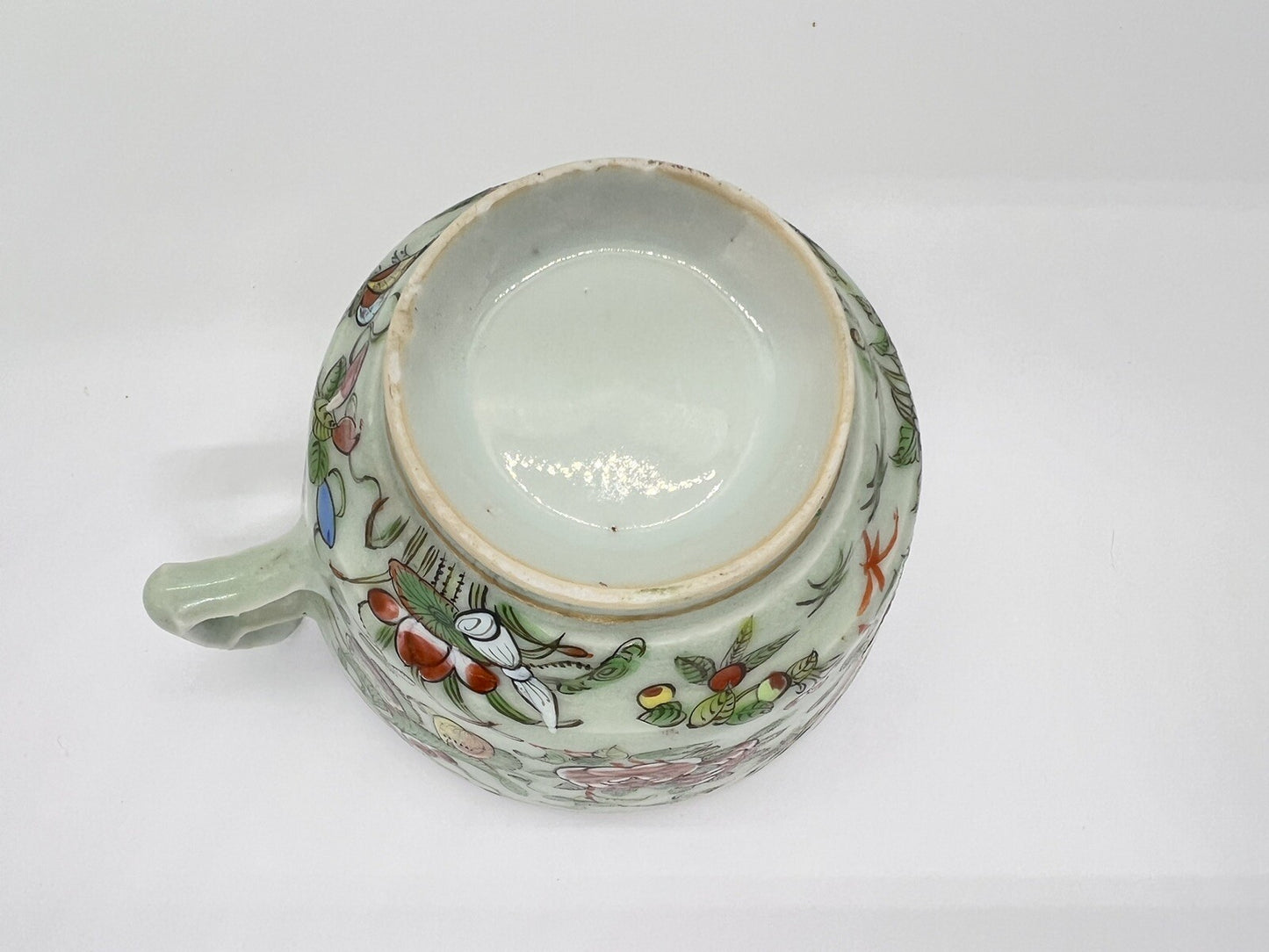 19C Chinese Celadon Famille Rose Pheasant Fruit Flower Butterfly ￼Tea Cup Canton
