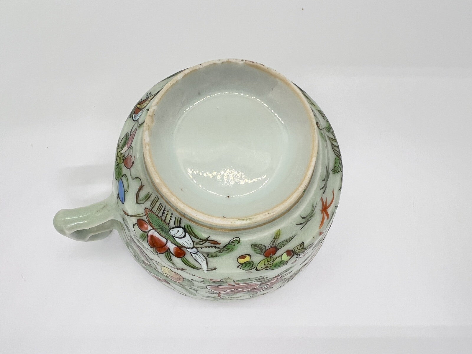 19C Chinese Celadon Famille Rose Pheasant Fruit Flower Butterfly ￼Tea Cup Canton