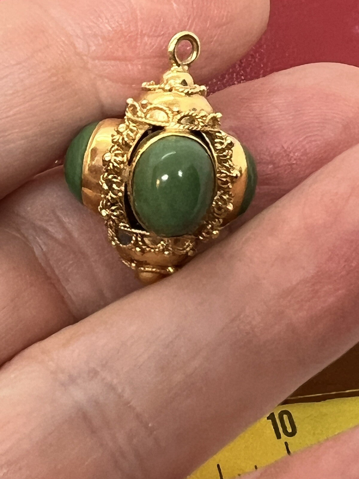 18K Gold Etruscan Revival Chrysoprase? Bracelet Charm Fob Necklace Pendant 6.5g