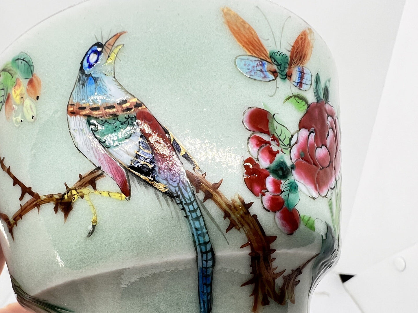 19C Lg Chinese Celadon Famille Rose Bird Fruit Flower Butterfly ￼Tea Cup Canton