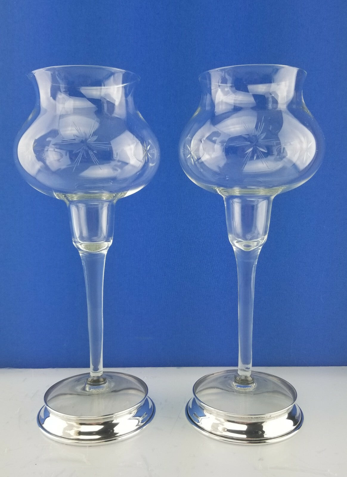 10" Pair Vintage Wallace Bulbous Cut Crystal Sterling Silver Candle Holders