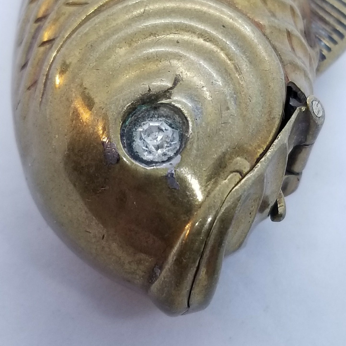 Antique Brass Figural Fish Match Safe Vesta Case Glass Eyes Mechanical