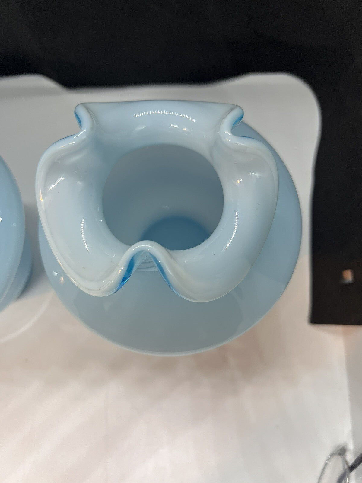 2 - 1940’s Fenton Blue Overlay Tri-Crimp Vases Great Mantle /Centerpiece Vases