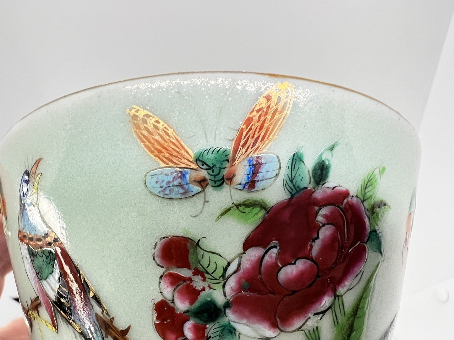 19C Lg Chinese Celadon Famille Rose Bird Fruit Flower Butterfly ￼Tea Cup Canton