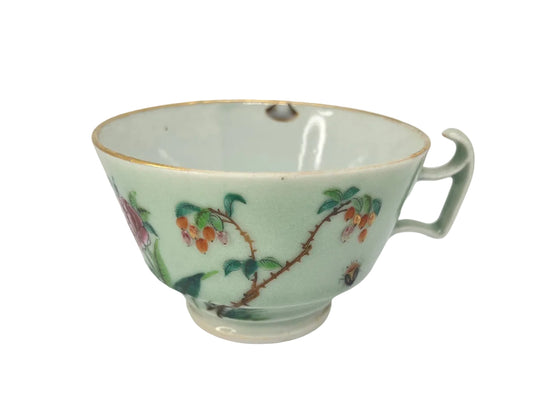 19C Lg Chinese Celadon Famille Rose Bird Fruit Flower Butterfly ￼Tea Cup Canton