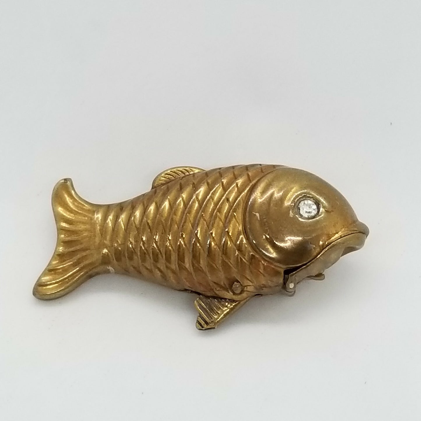 Antique Brass Figural Fish Match Safe Vesta Case Glass Eyes Mechanical