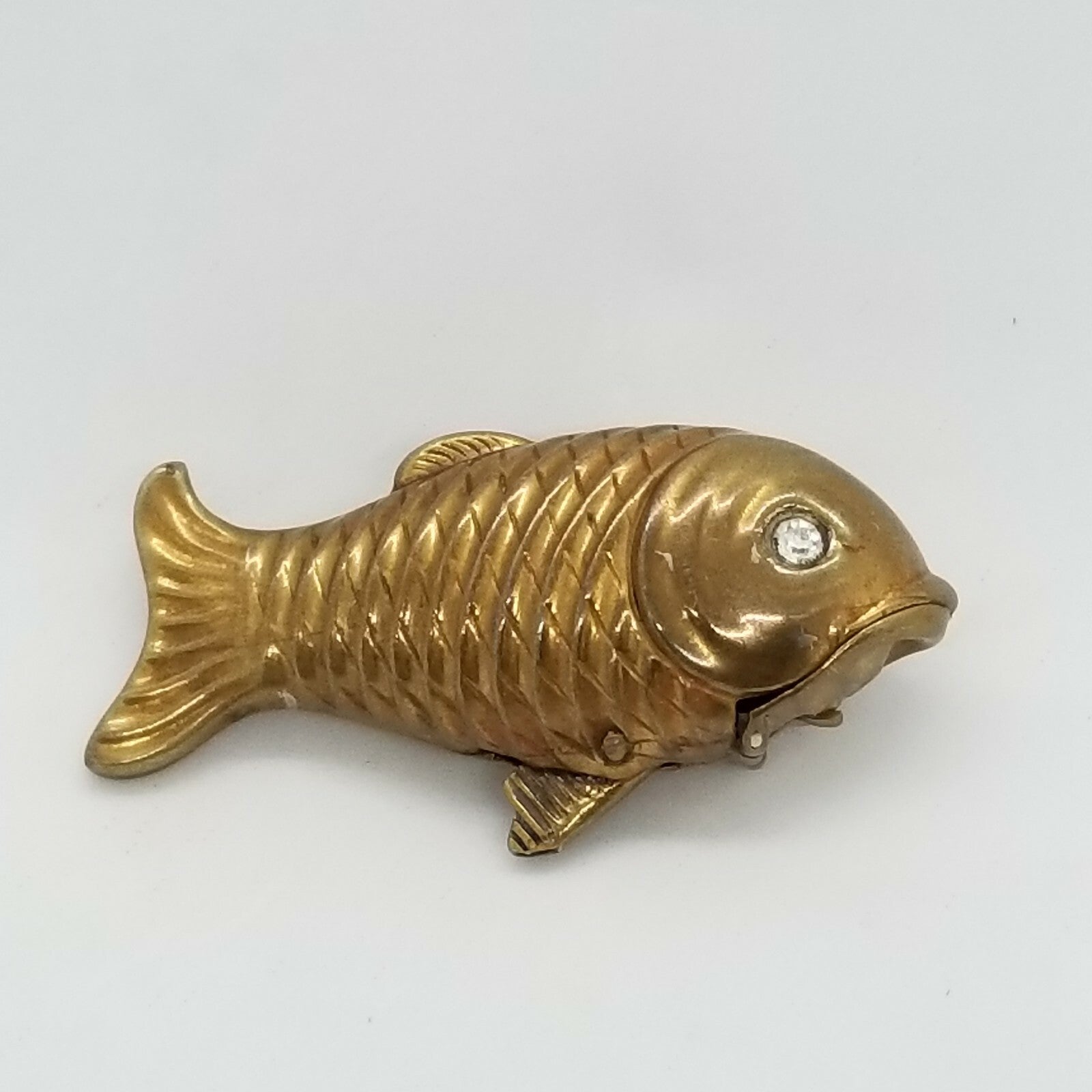 Antique Brass Figural Fish Match Safe Vesta Case Glass Eyes Mechanical