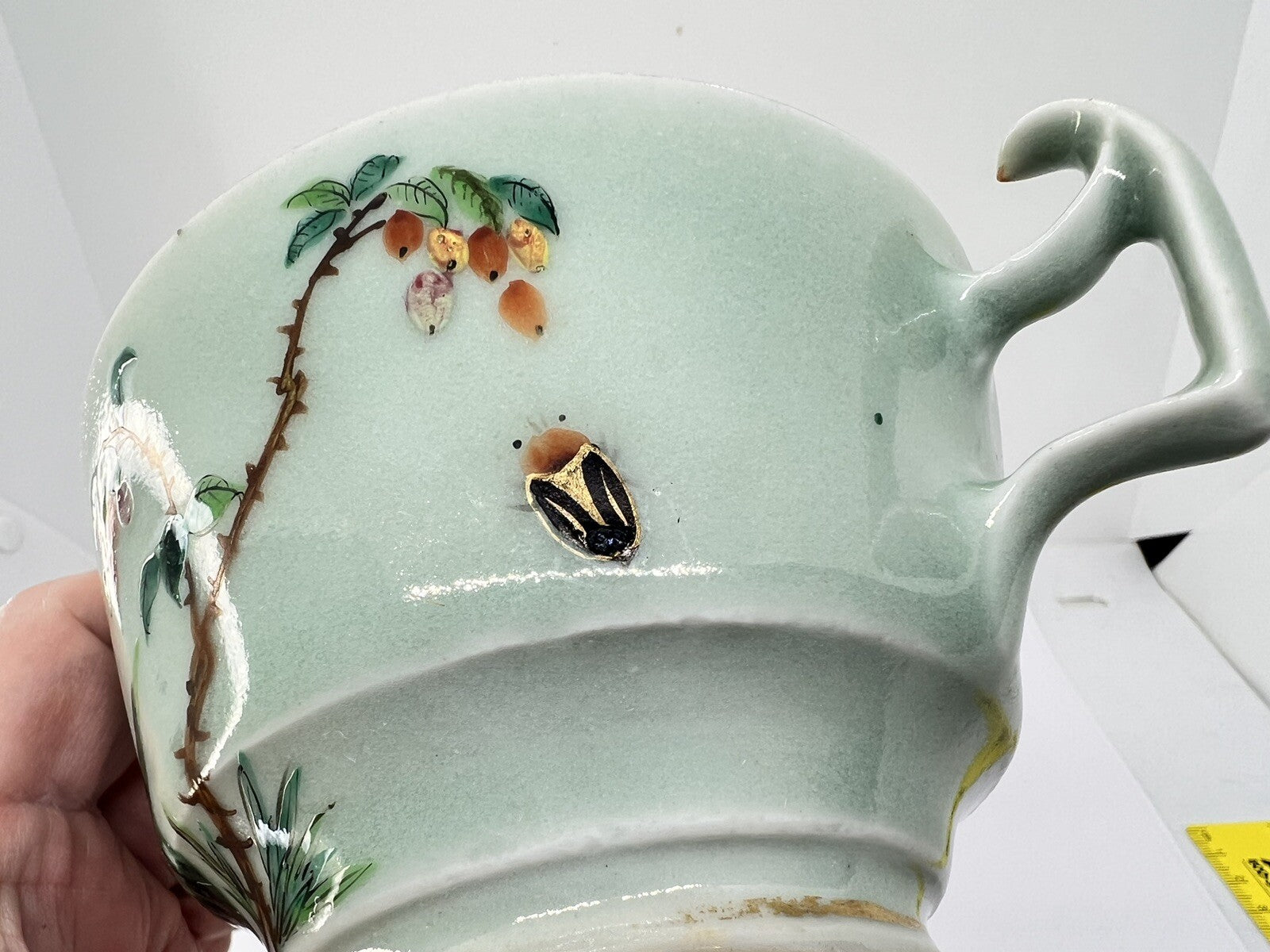 19C Lg Chinese Celadon Famille Rose Bird Fruit Flower Butterfly ￼Tea Cup Canton
