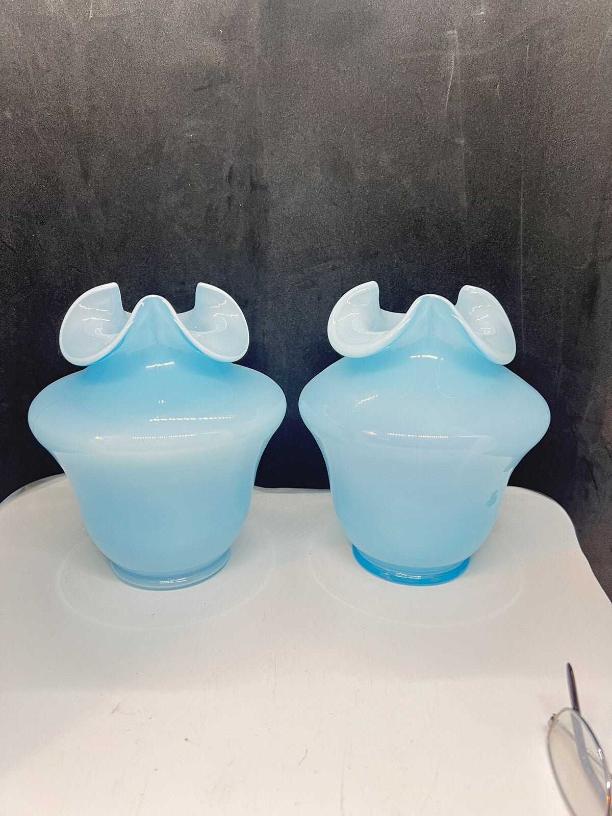 2 - 1940’s Fenton Blue Overlay Tri-Crimp Vases Great Mantle /Centerpiece Vases