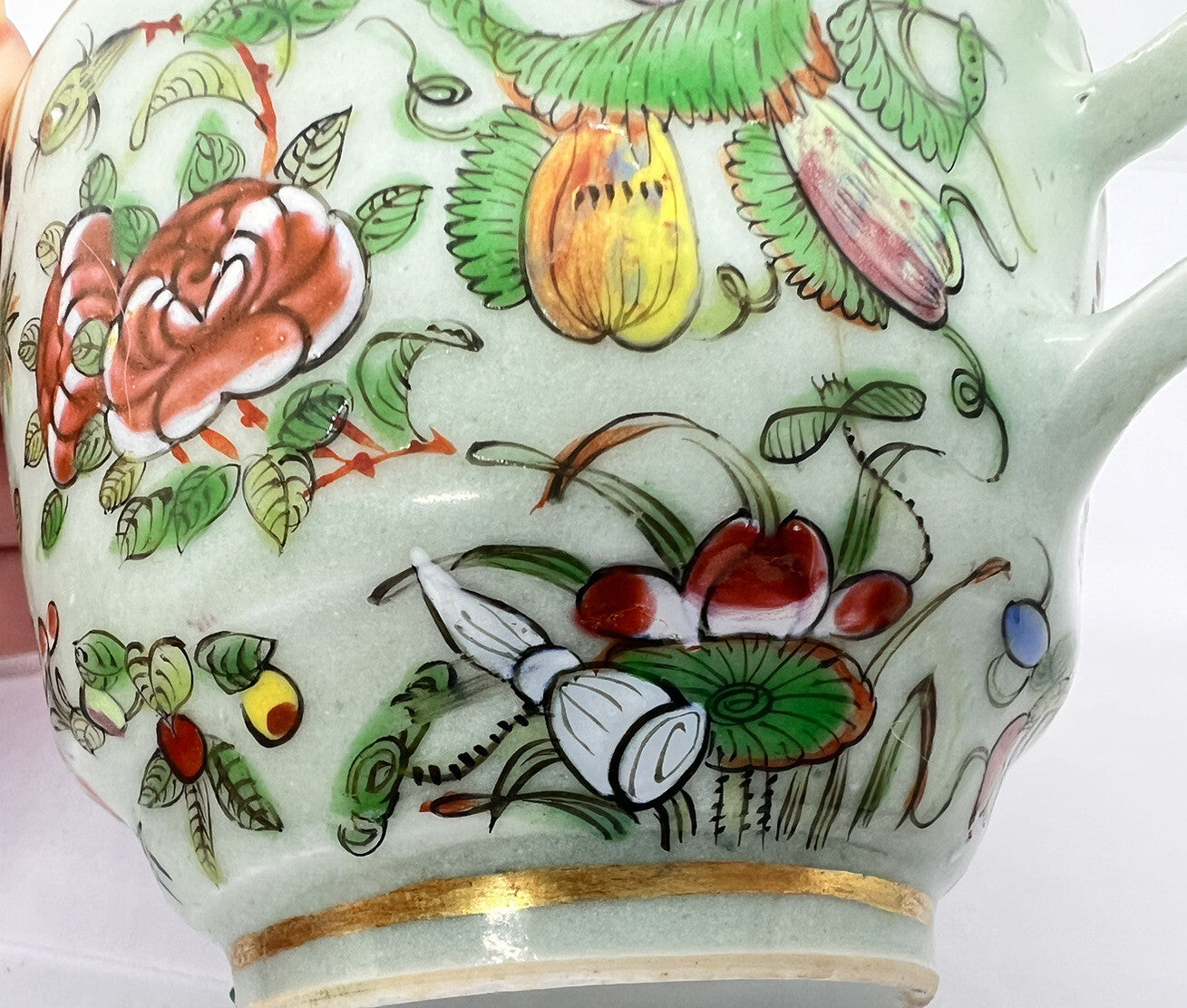19C Chinese Celadon Famille Rose Pheasant Fruit Flower Butterfly ￼Tea Cup Canton