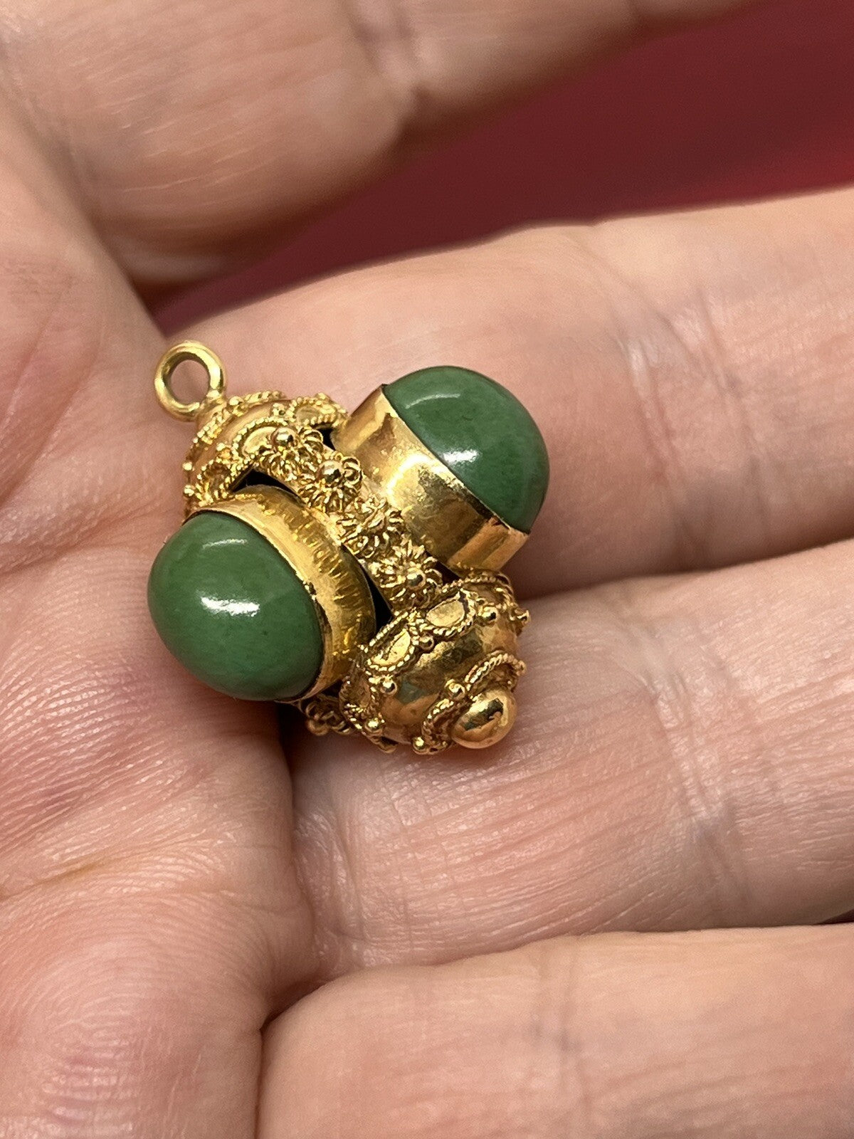 18K Gold Etruscan Revival Chrysoprase? Bracelet Charm Fob Necklace Pendant 6.5g