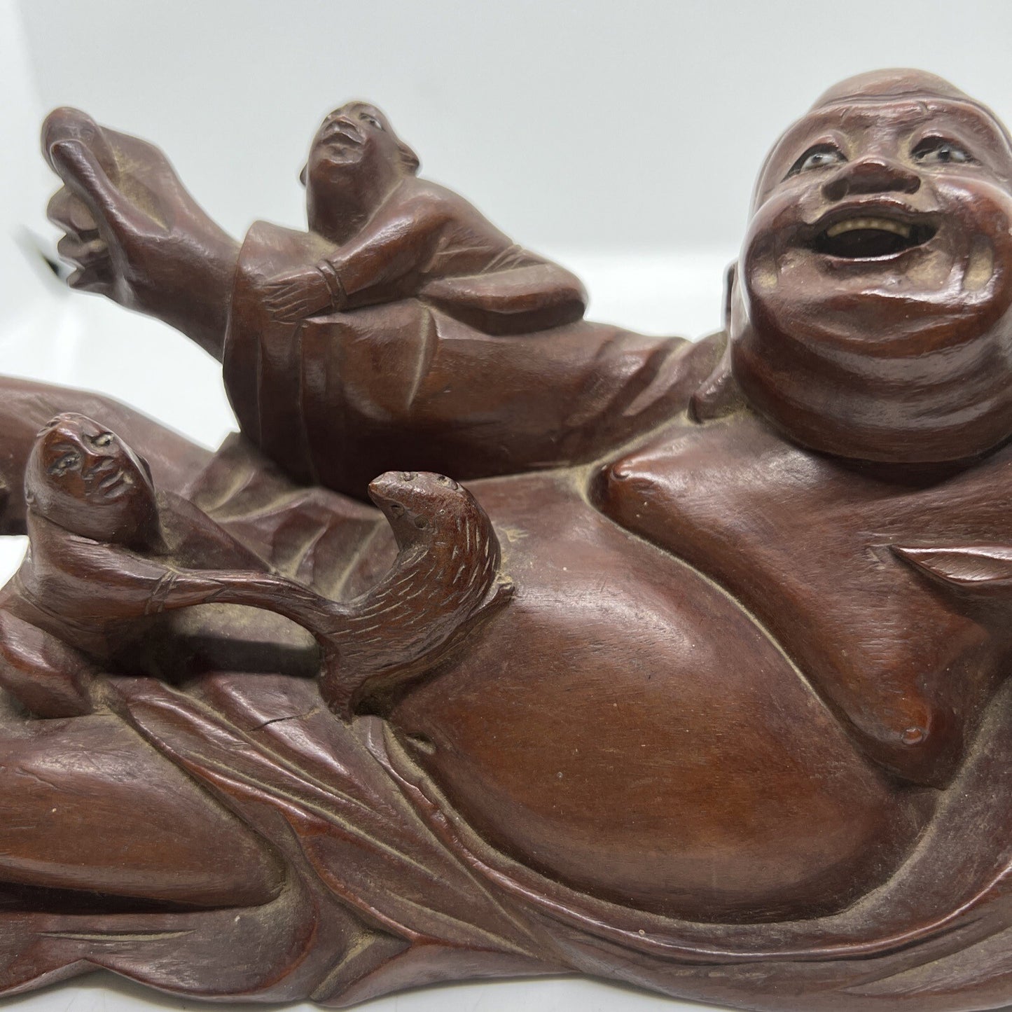 Antique Chinese Carved Boxwood Reclining Hotei Happy Buddha Wood No Base