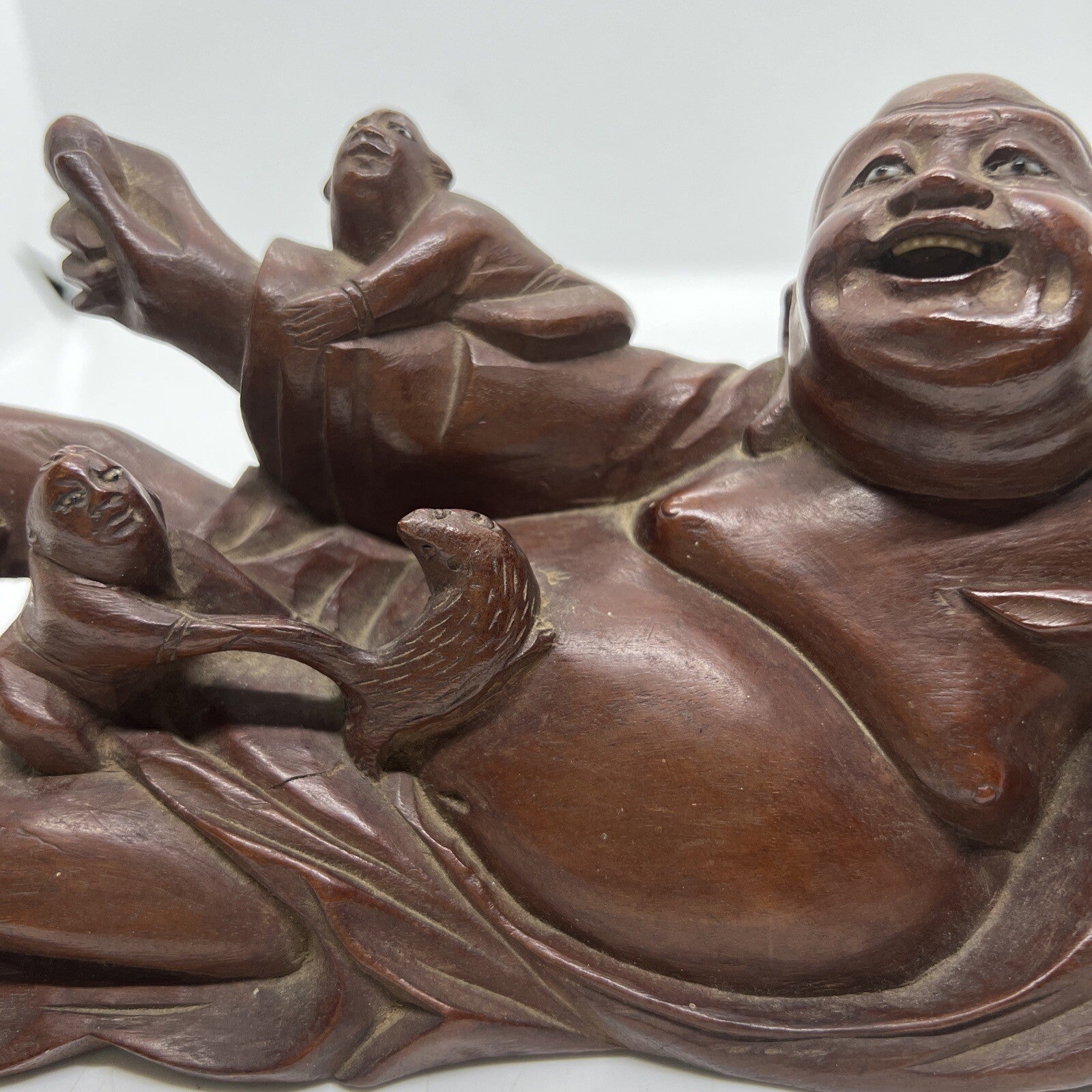 Antique Chinese Carved Boxwood Reclining Hotei Happy Buddha Wood No Base