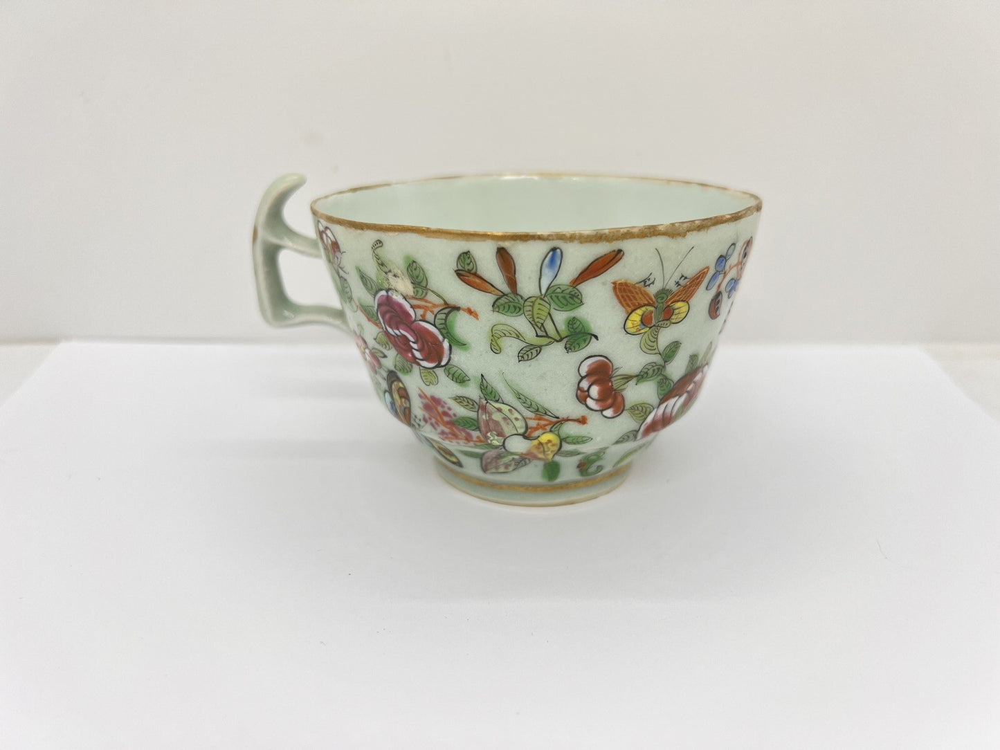 19C Chinese Celadon Famille Rose Pheasant Fruit Flower Butterfly ￼Tea Cup Canton