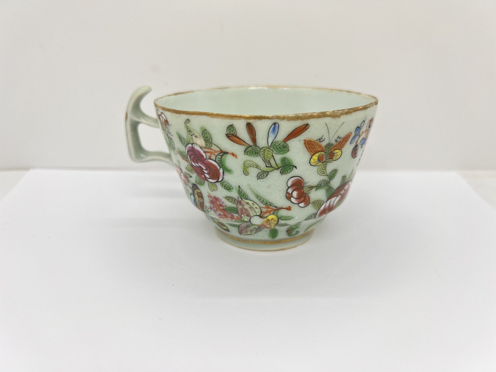 19C Chinese Celadon Famille Rose Pheasant Fruit Flower Butterfly ￼Tea Cup Canton