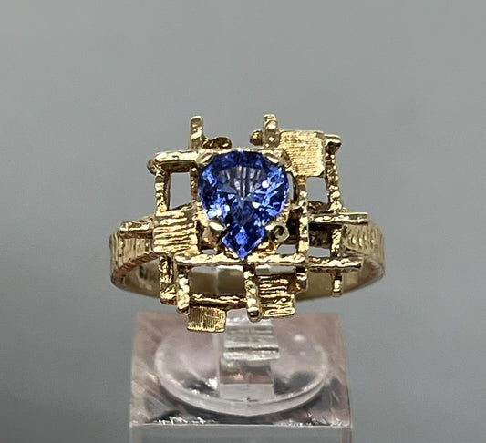 1980s Estate Tanzanite 14K Gold Geometric Cocktail Ring 6.7g Signed SJ