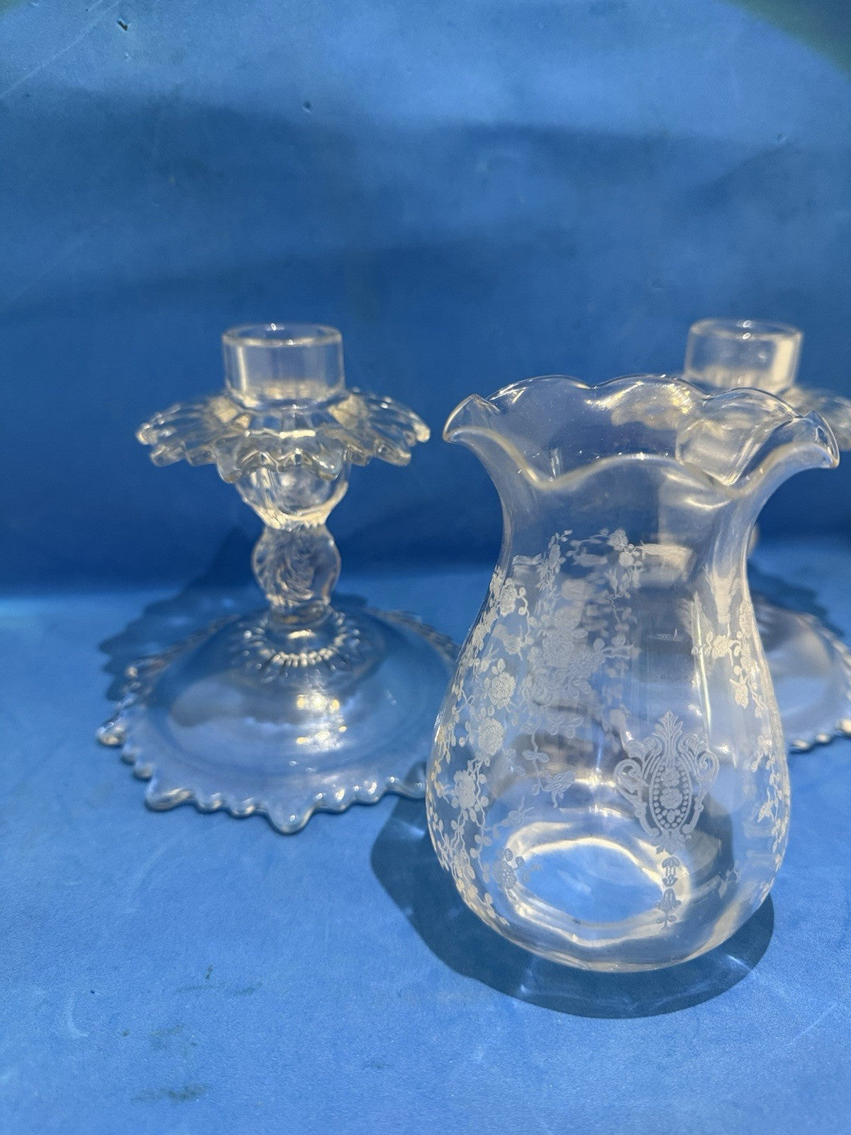 2 Cambridge Etched Glass Rose Point Base #1617 Hurricane Lamp Candle Holders