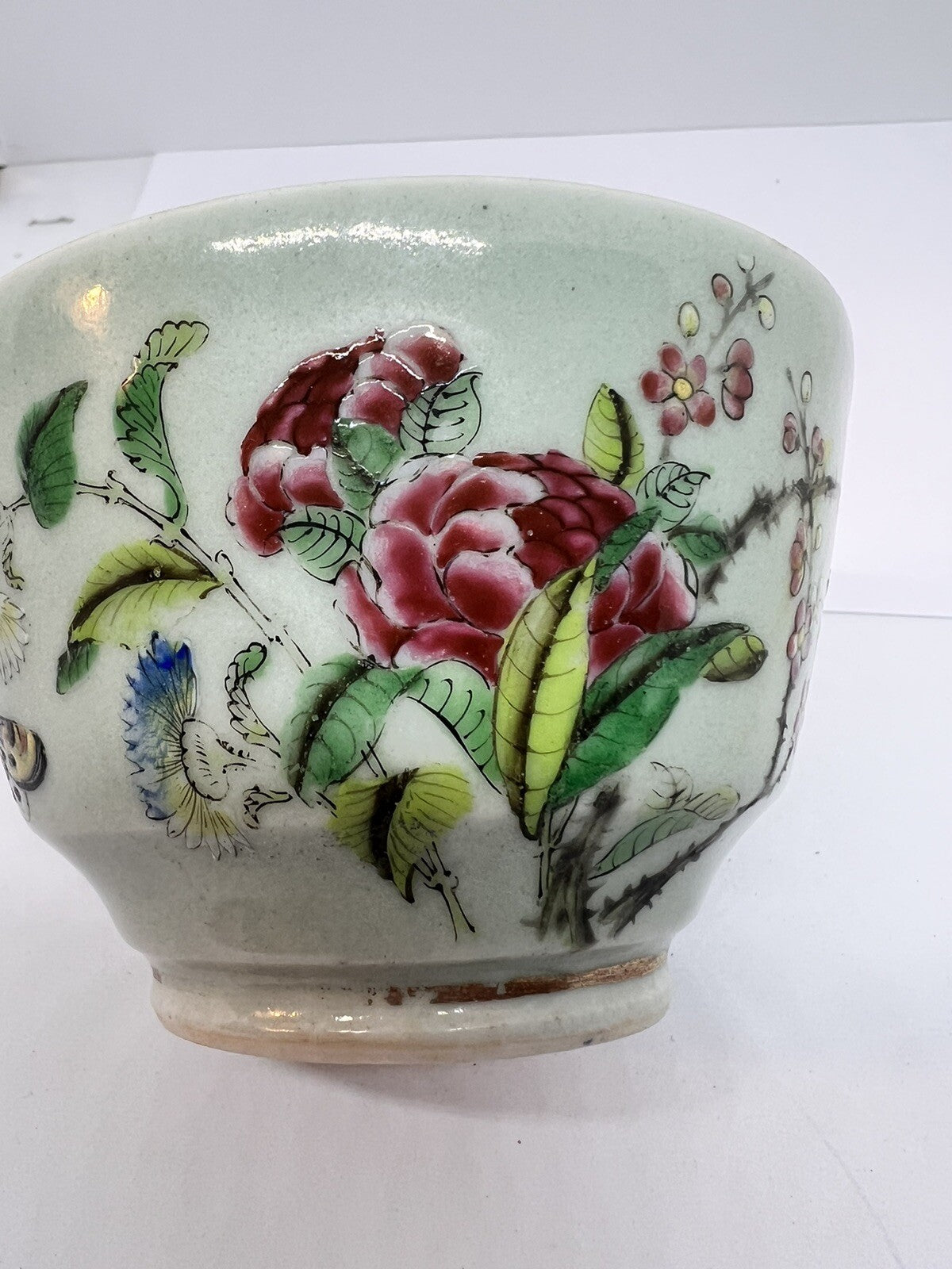 19C Lg Chinese Celadon Famille Rose Cherry Blossom Brd Butterfly ￼Tea Cup Canton