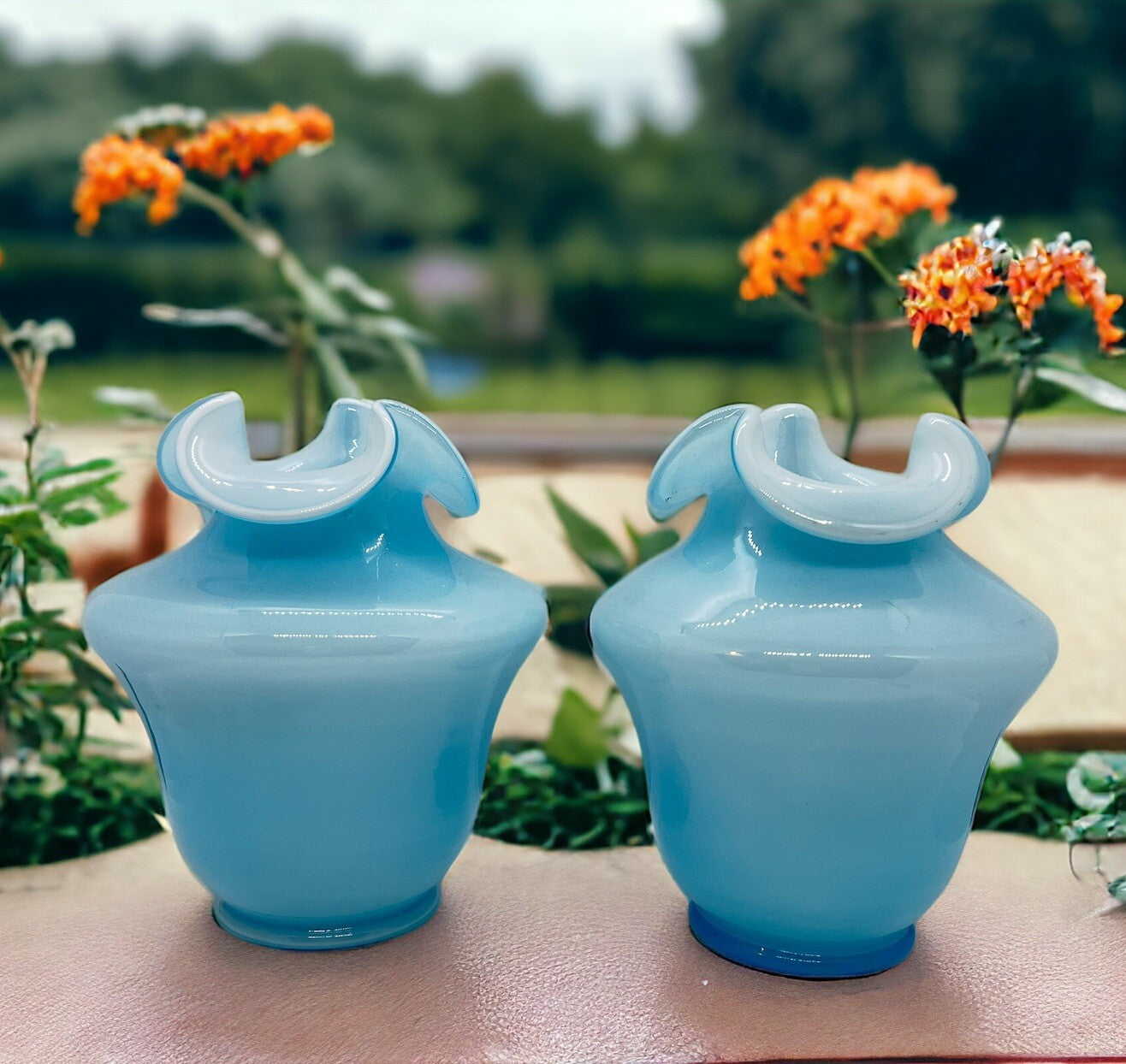 2 - 1940’s Fenton Blue Overlay Tri-Crimp Vases Great Mantle /Centerpiece Vases