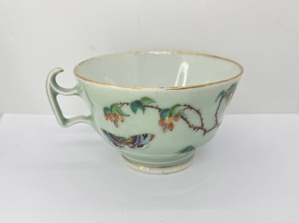 19C Lg Chinese Celadon Famille Rose Bird Fruit Flower Butterfly ￼Tea Cup Canton