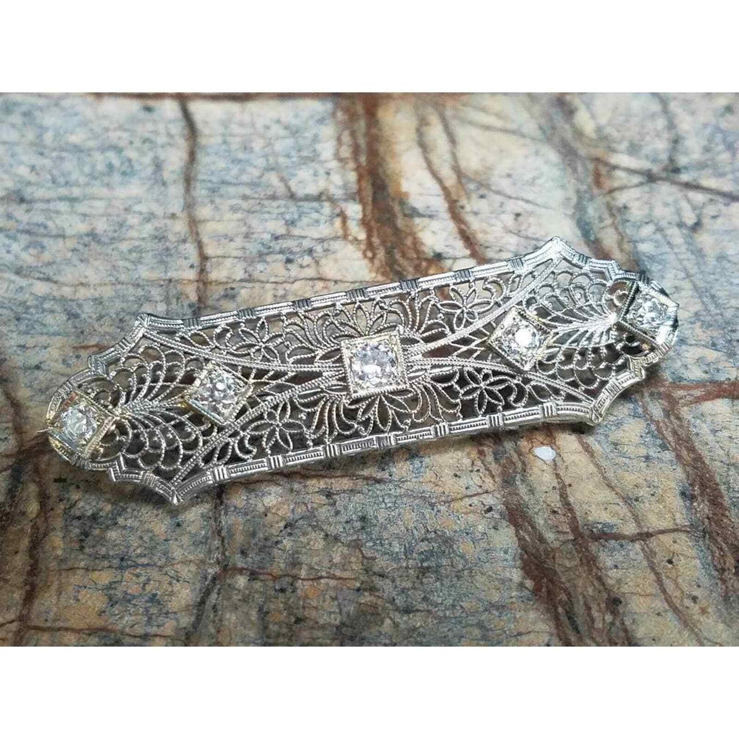 Antique Art Deco Diamond 14k Solid Gold & Platinum Filigree Bar Brooch Pin 4.5g