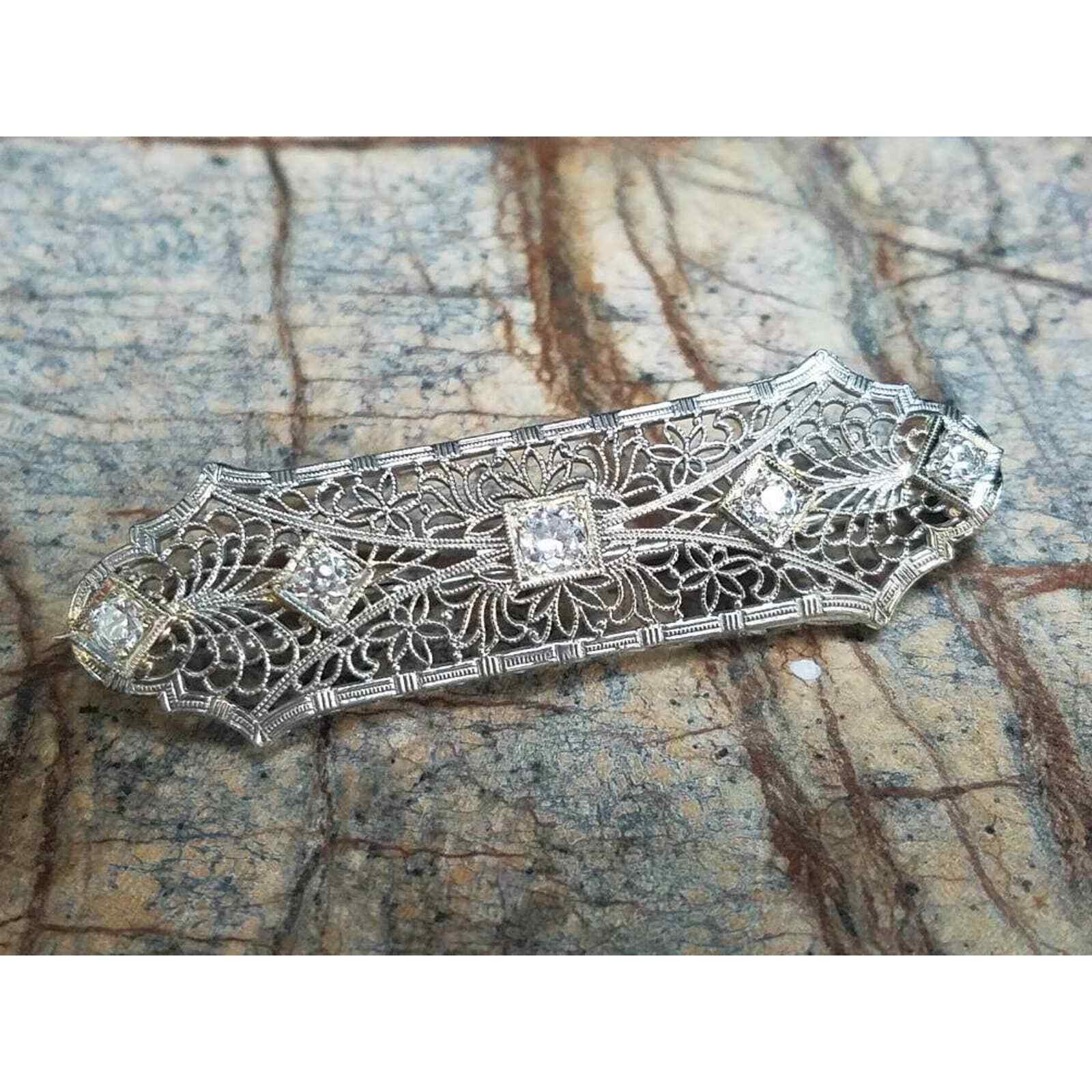 Antique Art Deco Diamond 14k Solid Gold & Platinum Filigree Bar Brooch Pin 4.5g