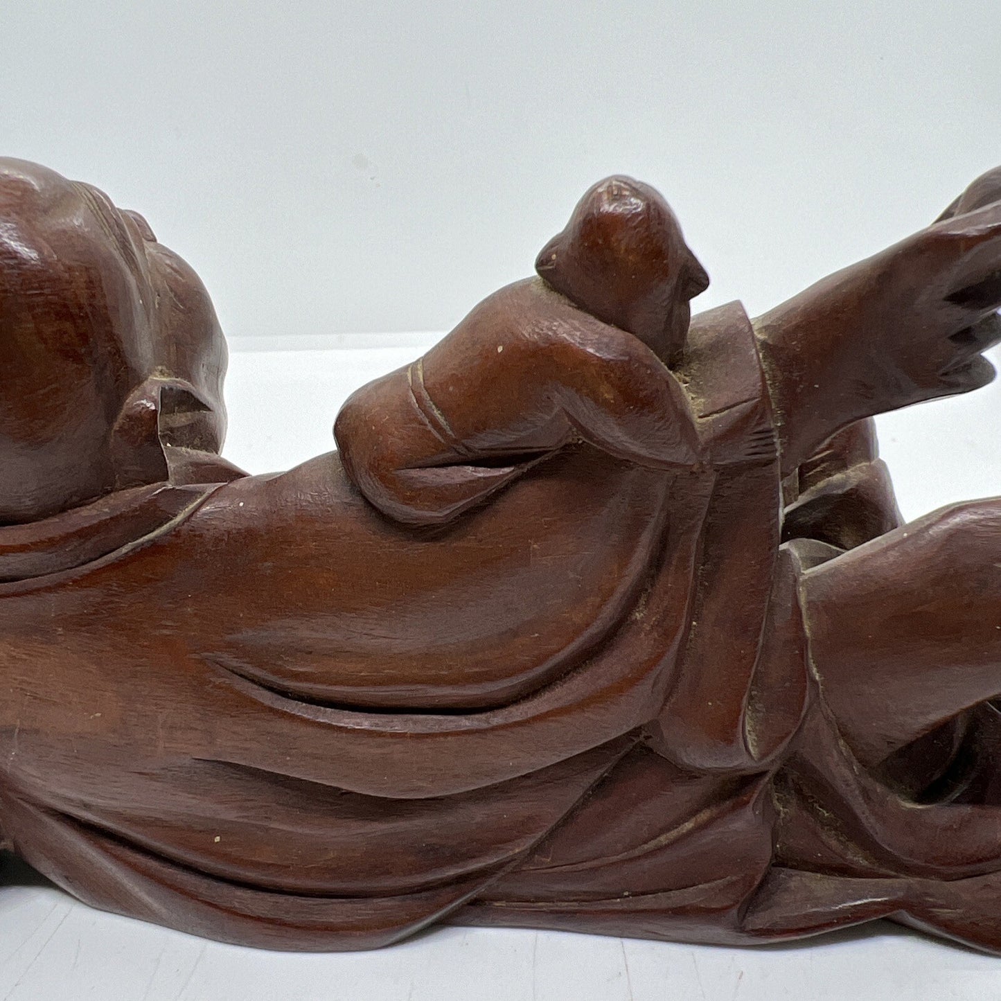 Antique Chinese Carved Boxwood Reclining Hotei Happy Buddha Wood No Base