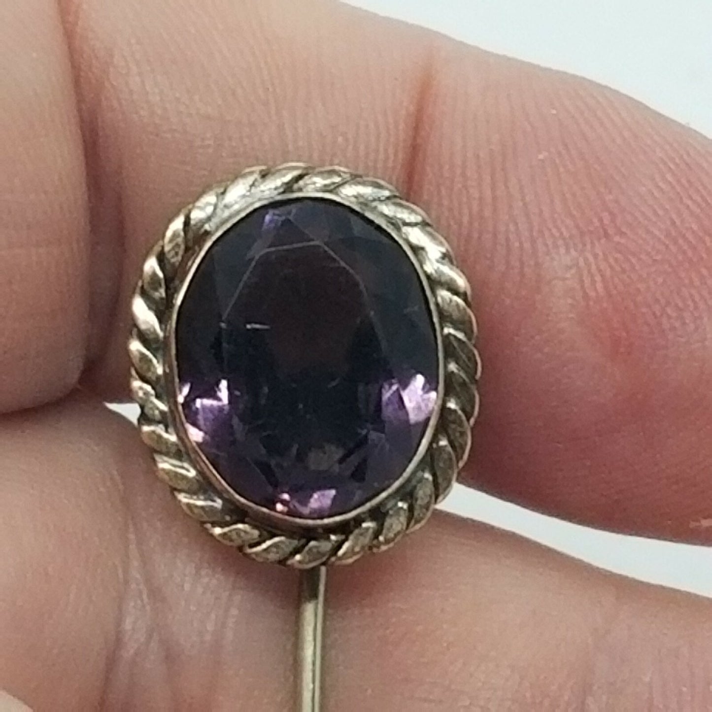 ANTIQUE Victorian 10K White Gold Bezel Set Large Amethyst Stick Hat Pin Vintage