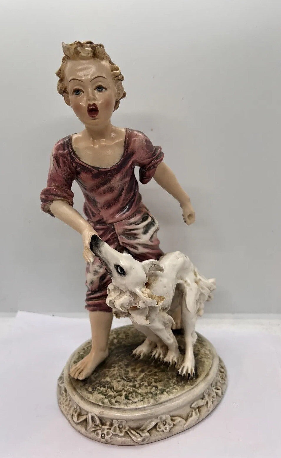 1950’s Borzoi & Boy Signed C. Mollica 10" Capodimonte Dog Figurine Italy