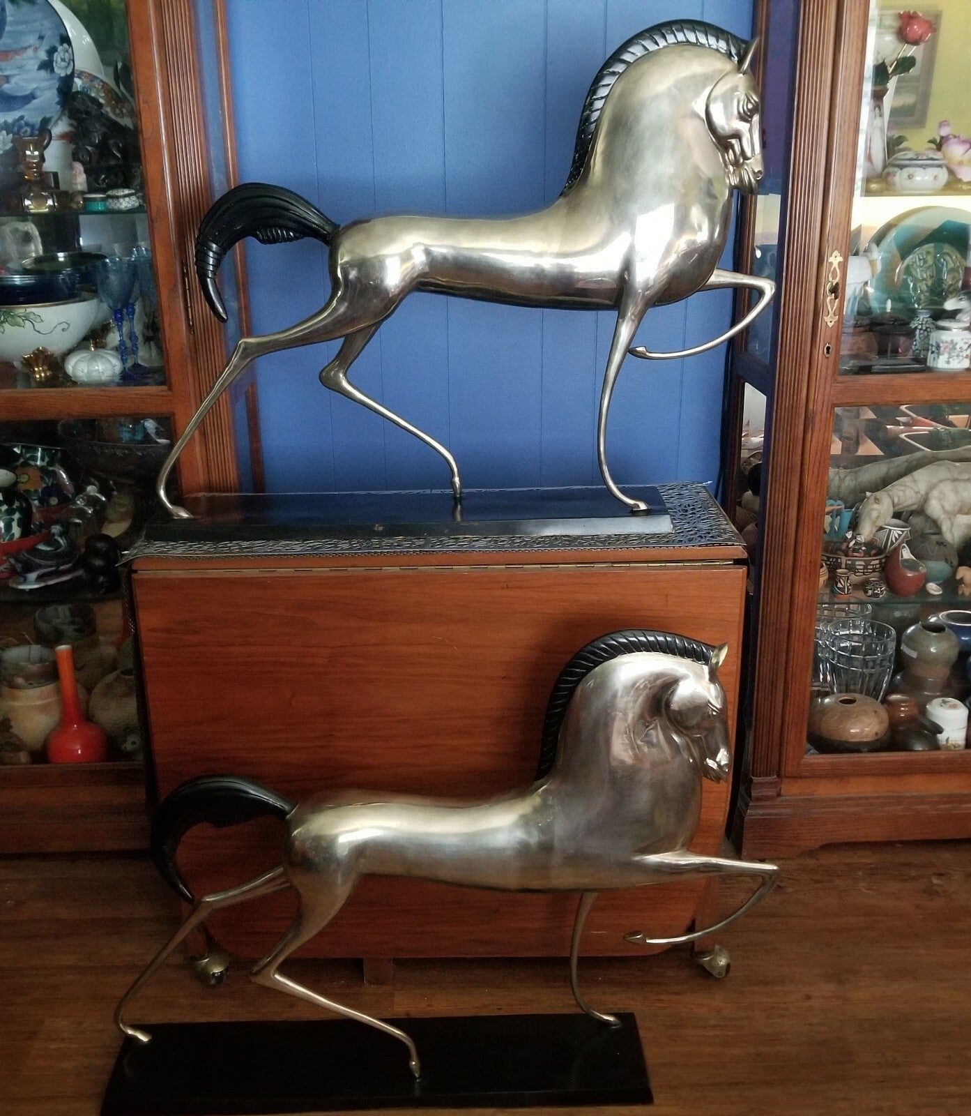 2 - 37" MCM Etruscan Silvered Brass Horse(s) Sculptures in Lovet-Lorski Style
