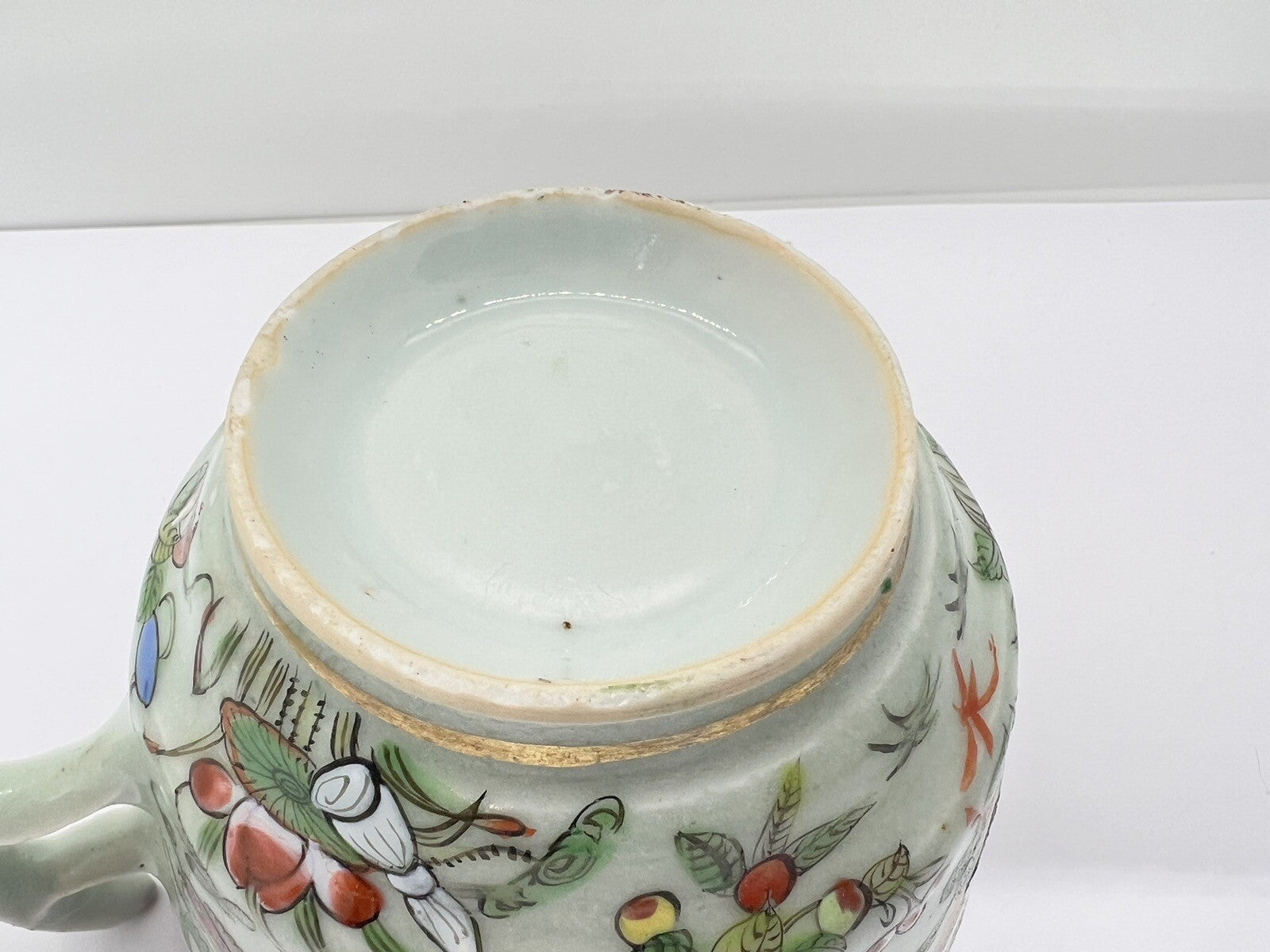 19C Chinese Celadon Famille Rose Pheasant Fruit Flower Butterfly ￼Tea Cup Canton