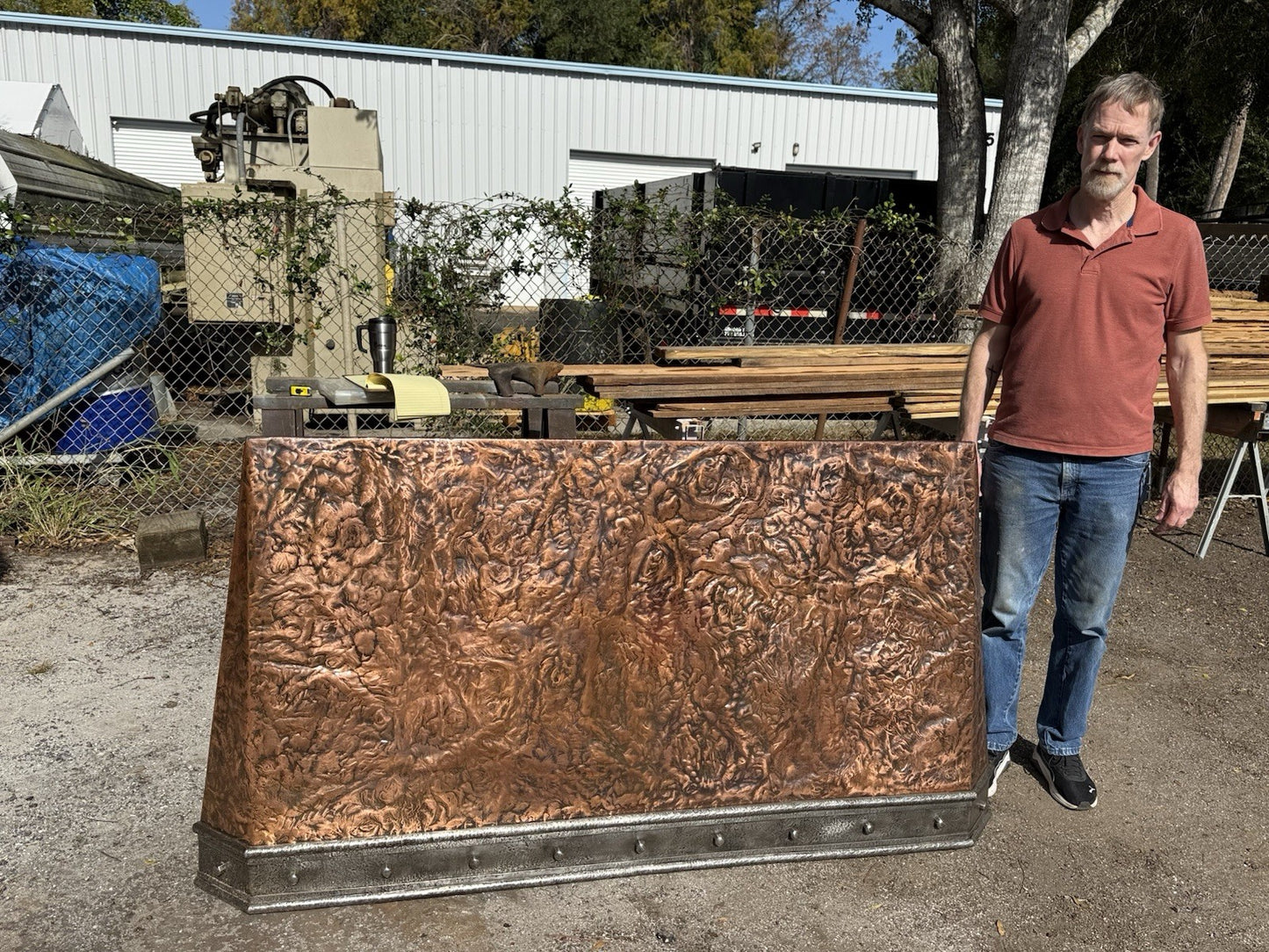 76” Handmade W.R. Nager Ornate Hearth, Doorway or Range Hood Patinated Copper
