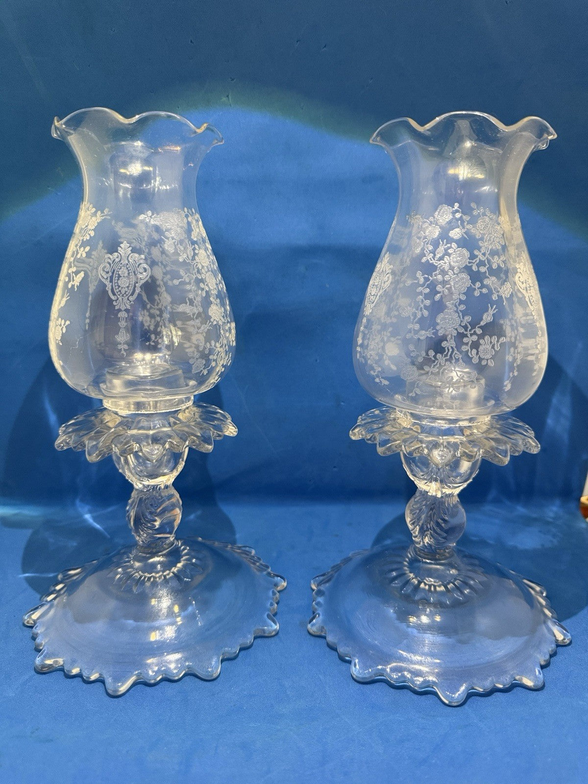 2 Cambridge Etched Glass Rose Point Base #1617 Hurricane Lamp Candle Holders