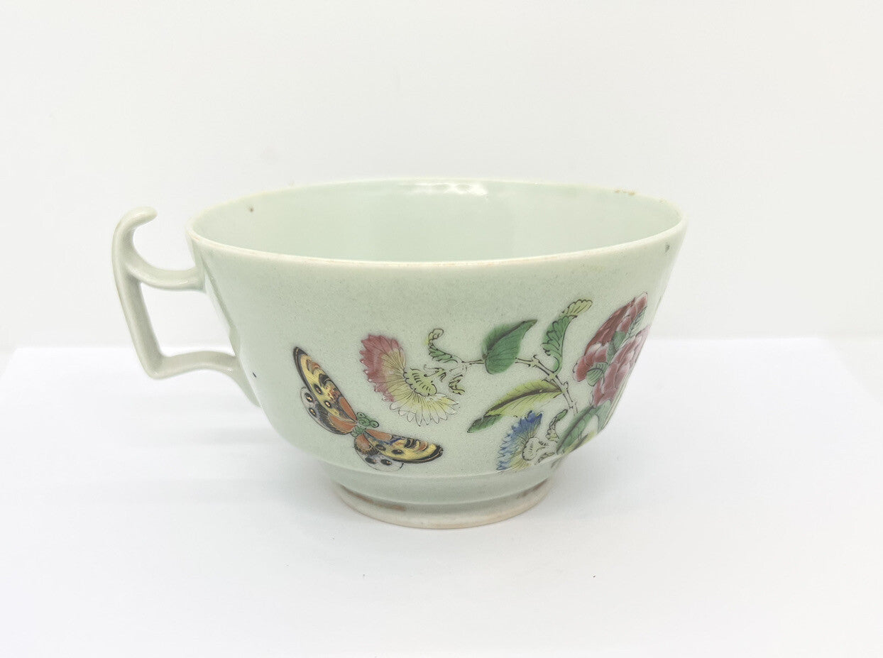 19C Lg Chinese Celadon Famille Rose Cherry Blossom Brd Butterfly ￼Tea Cup Canton