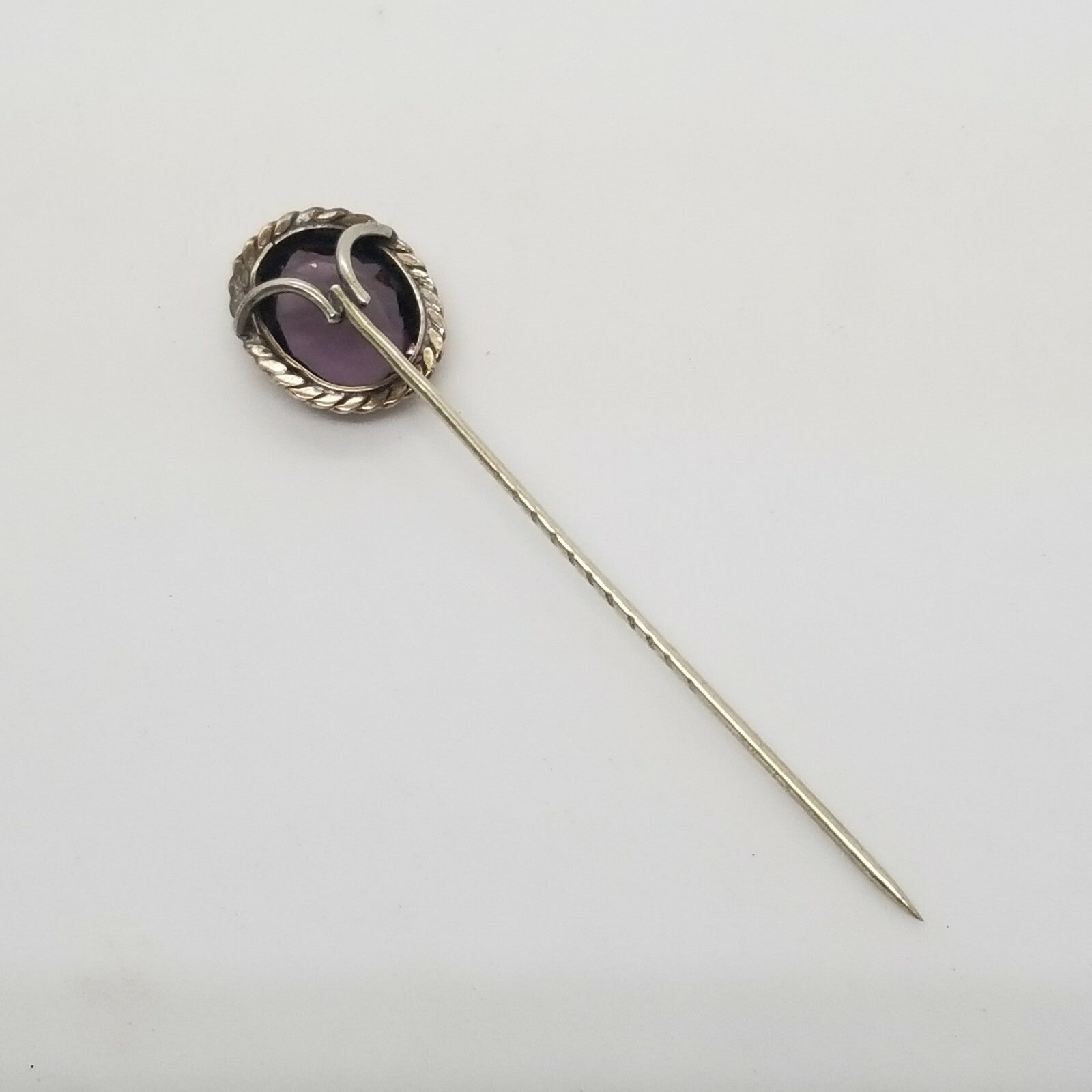 ANTIQUE Victorian 10K White Gold Bezel Set Large Amethyst Stick Hat Pin Vintage