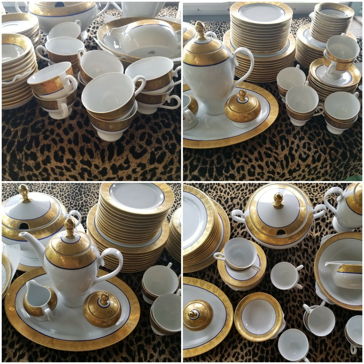 81pc Set Gold Encrusted Cobalt Blue & White Soup Tureen Serving Platters Teapot