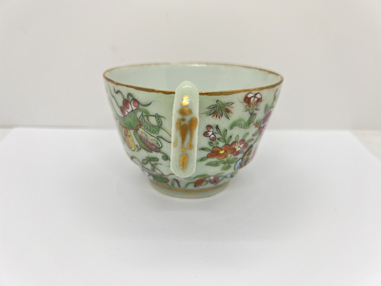 19C Chinese Celadon Famille Rose Pheasant Fruit Flower Butterfly ￼Tea Cup Canton