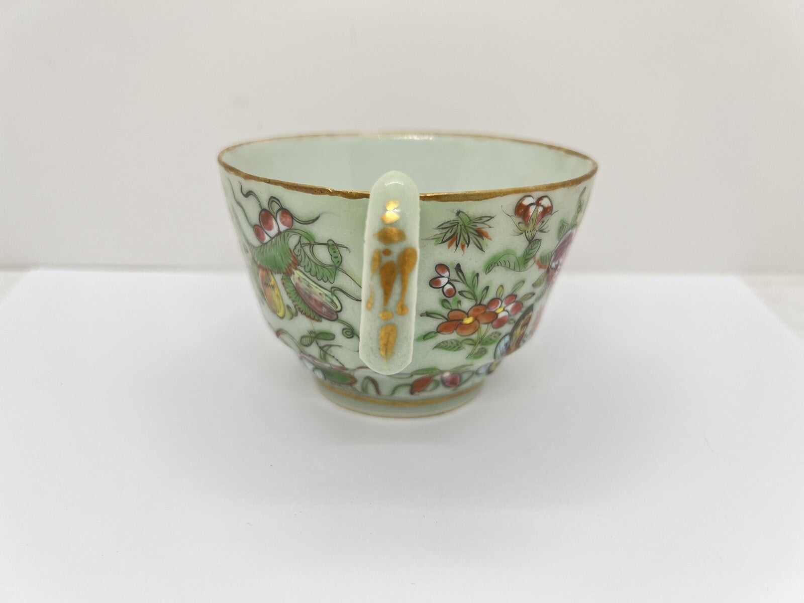 19C Chinese Celadon Famille Rose Pheasant Fruit Flower Butterfly ￼Tea Cup Canton