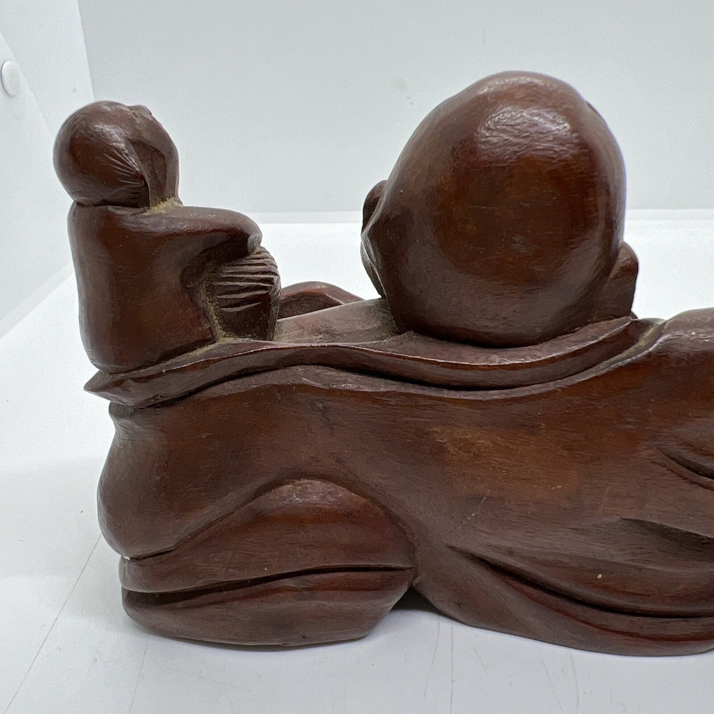 Antique Chinese Carved Boxwood Reclining Hotei Happy Buddha Wood No Base