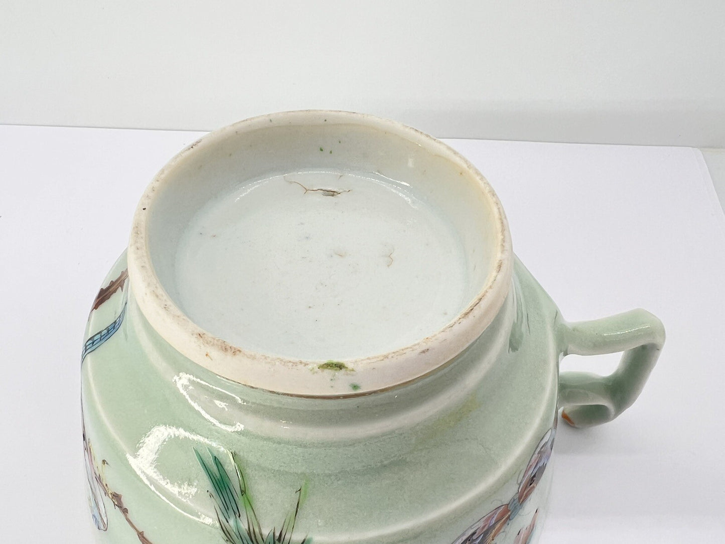 19C Lg Chinese Celadon Famille Rose Bird Fruit Flower Butterfly ￼Tea Cup Canton