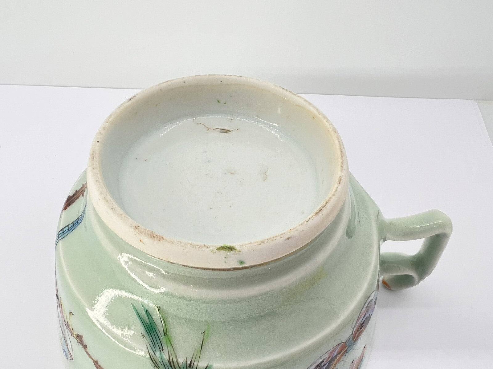 19C Lg Chinese Celadon Famille Rose Bird Fruit Flower Butterfly ￼Tea Cup Canton